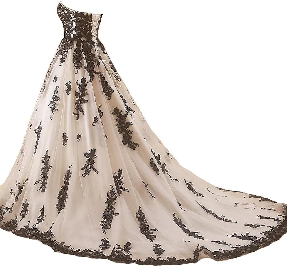 Kivary Vintage Gothic Black Lace Ball Gown Long Prom Dresses Wedding Gowns