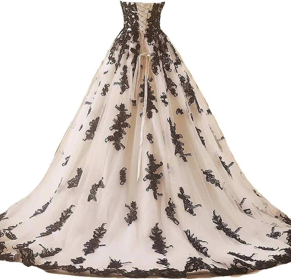 Kivary Vintage Gothic Black Lace Ball Gown Long Prom Dresses Wedding Gowns