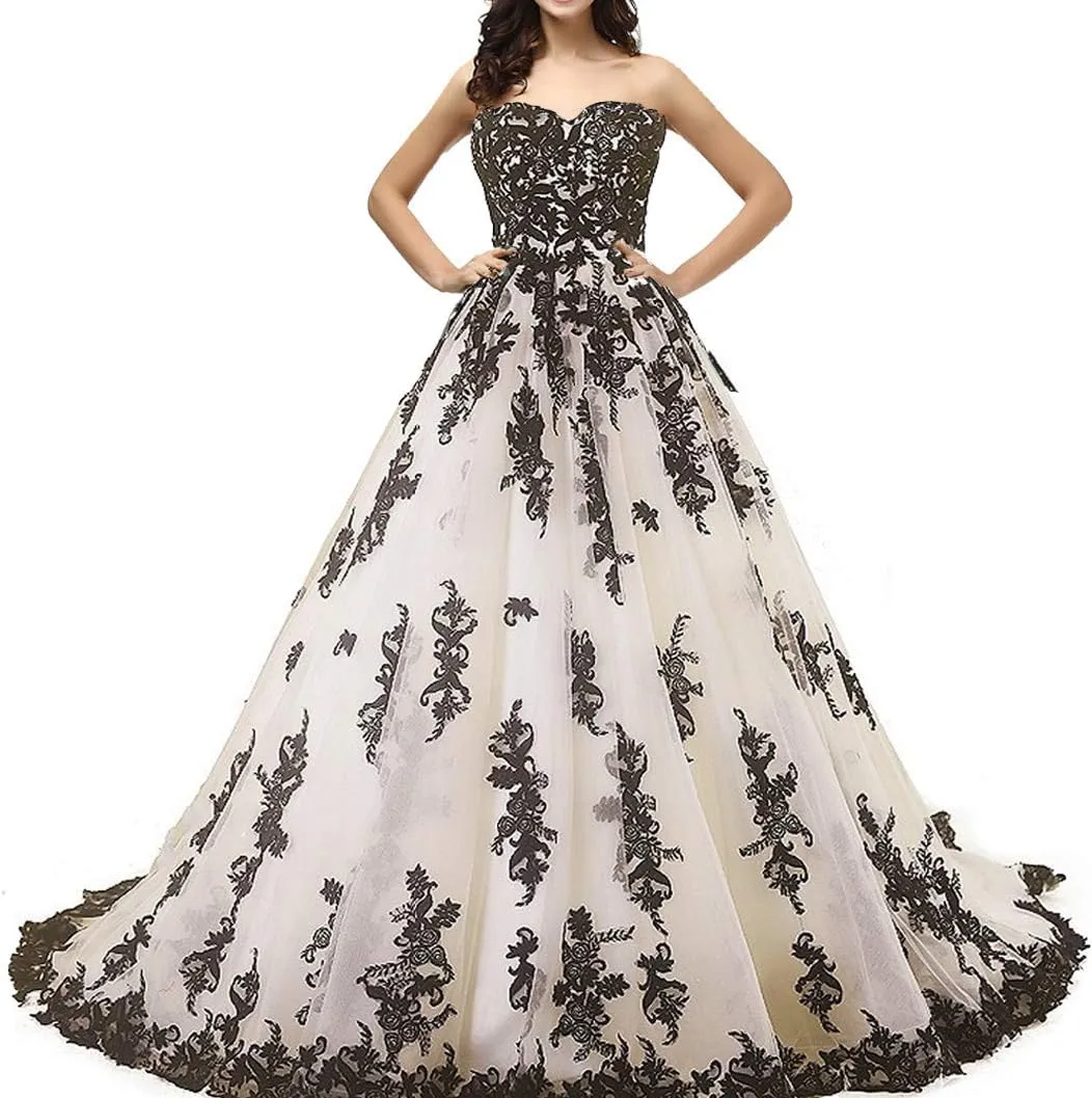 Kivary Vintage Gothic Black Lace Ball Gown Long Prom Dresses Wedding Gowns