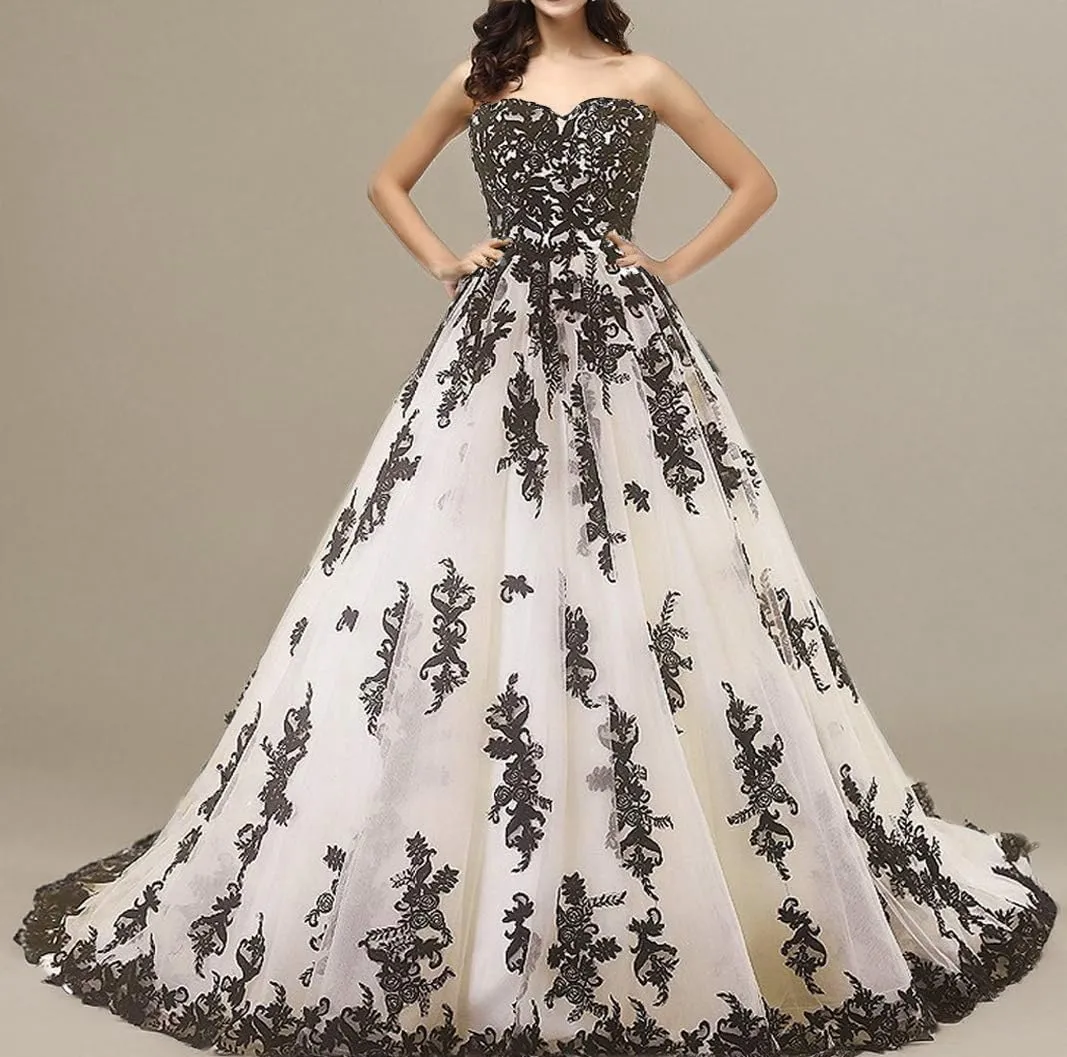 Kivary Vintage Gothic Black Lace Ball Gown Long Prom Dresses Wedding Gowns