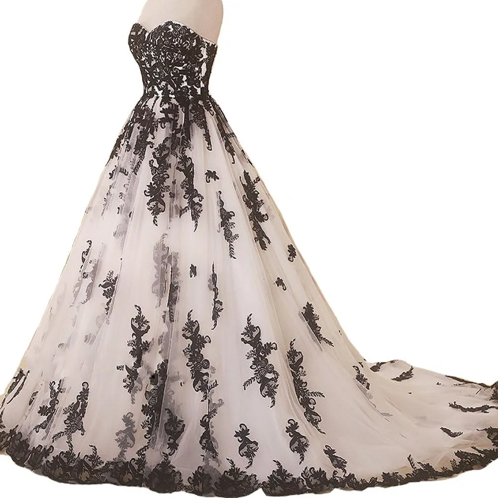 Kivary Vintage Gothic Black Lace Ball Gown Long Prom Dresses Wedding Gowns