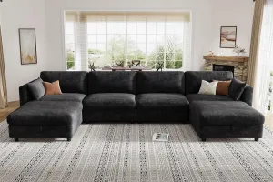 KKL Modular Sectional Sofa Couches for Living Room, U Shaped Sofa Couch with Adjustable Backrest, 4 Seater Sofa Couch with Convertible Ottoman and Comfy Cushion, Chenille, Black
