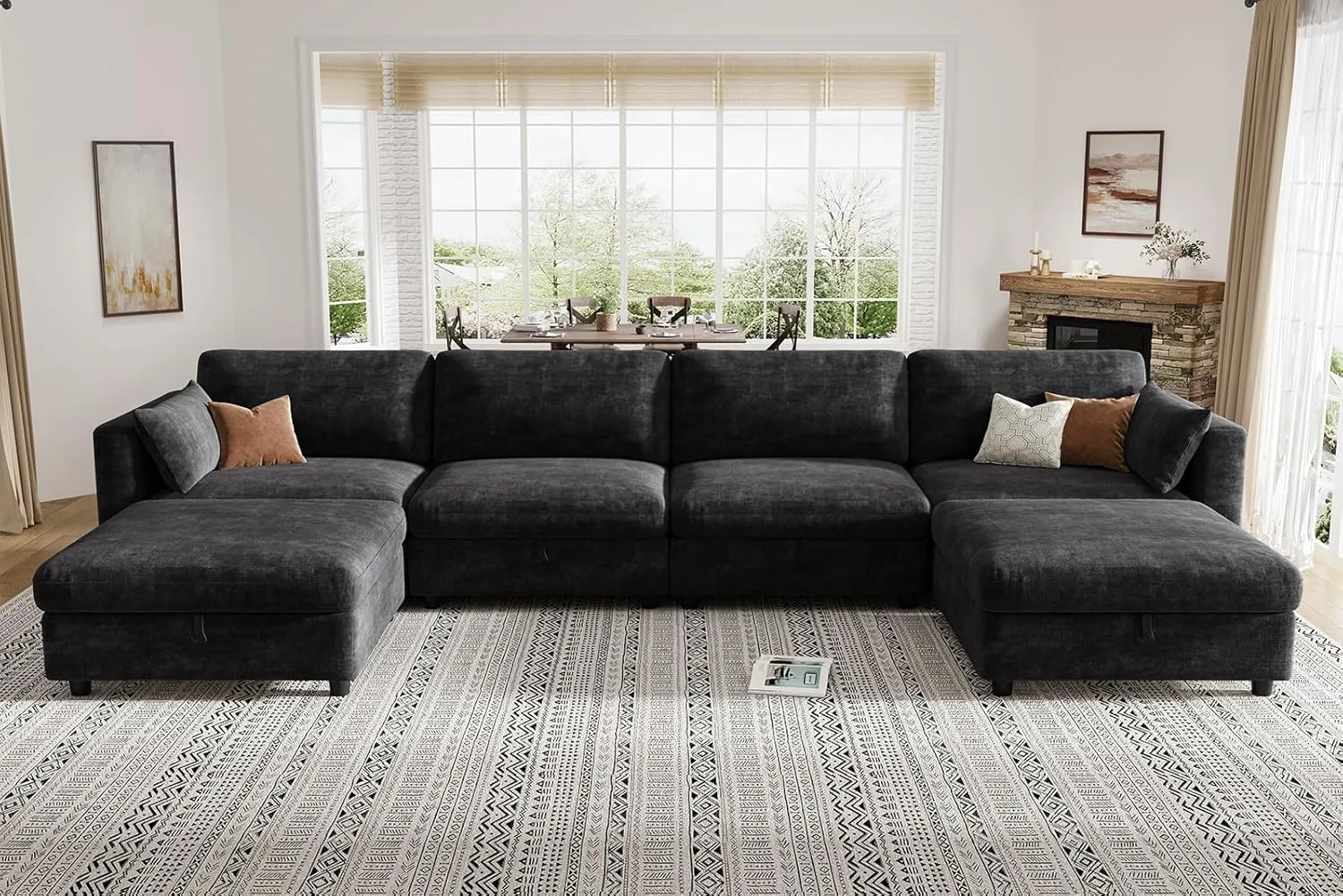 KKL Modular Sectional Sofa Couches for Living Room, U Shaped Sofa Couch with Adjustable Backrest, 4 Seater Sofa Couch with Convertible Ottoman and Comfy Cushion, Chenille, Black