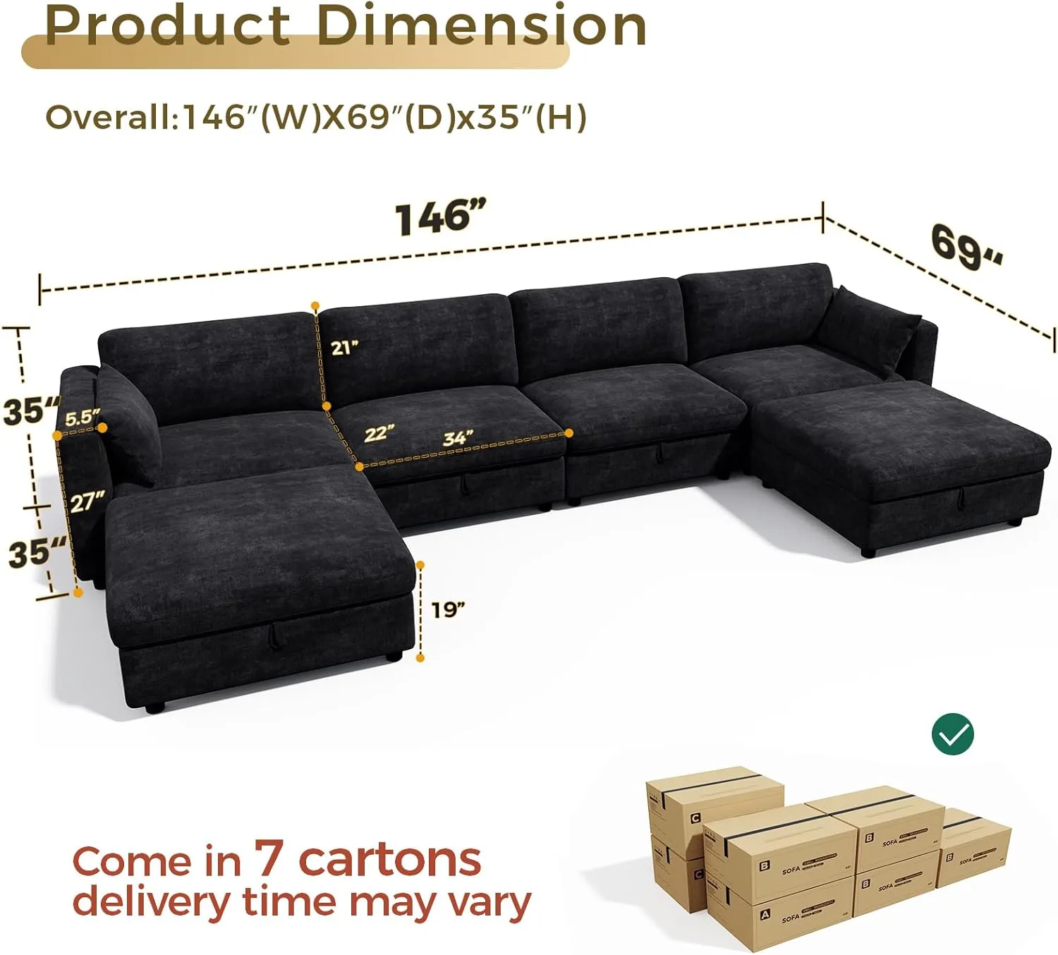 KKL Modular Sectional Sofa Couches for Living Room, U Shaped Sofa Couch with Adjustable Backrest, 4 Seater Sofa Couch with Convertible Ottoman and Comfy Cushion, Chenille, Black