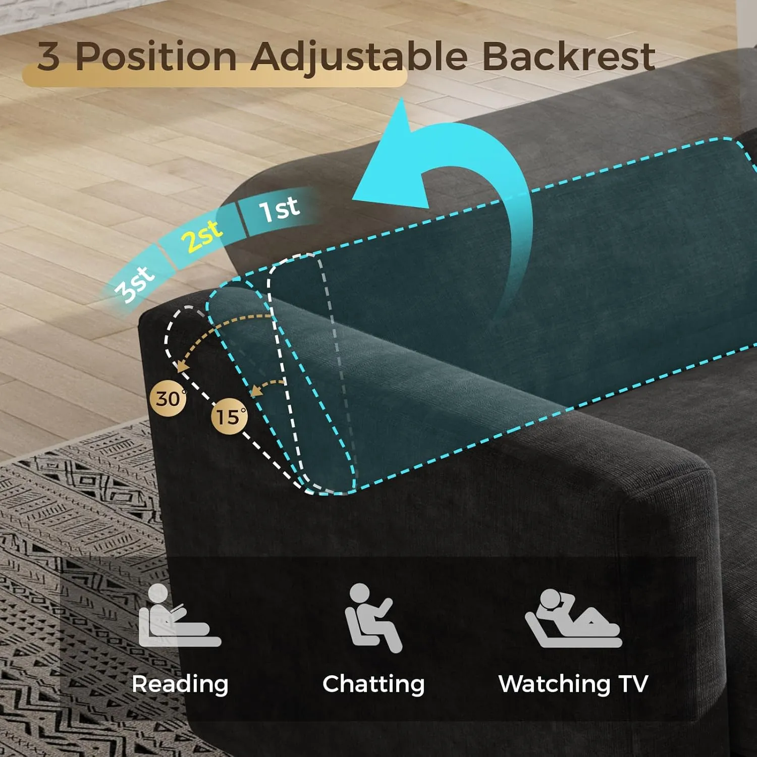 KKL Modular Sectional Sofa Couches for Living Room, U Shaped Sofa Couch with Adjustable Backrest, 4 Seater Sofa Couch with Convertible Ottoman and Comfy Cushion, Chenille, Black