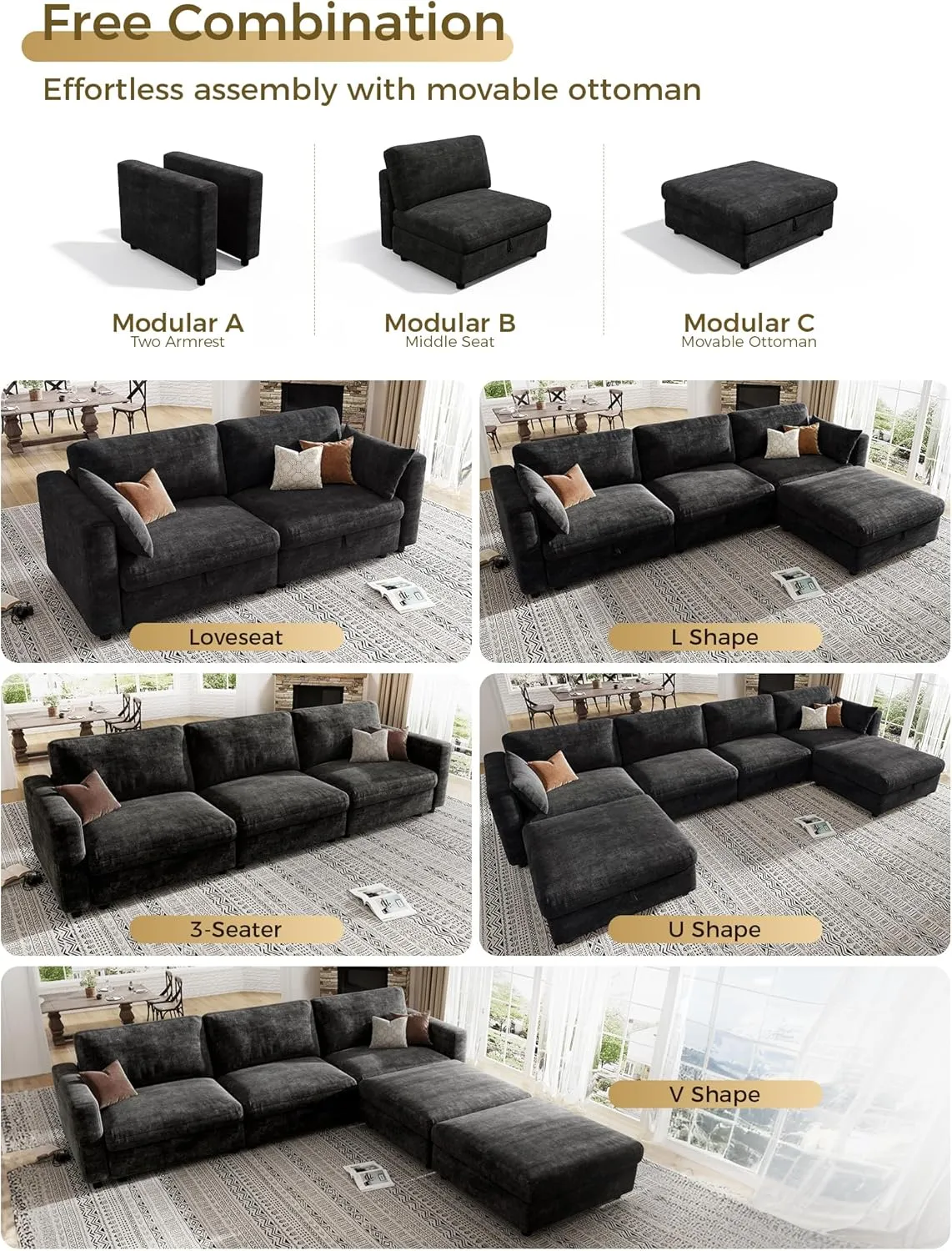 KKL Modular Sectional Sofa Couches for Living Room, U Shaped Sofa Couch with Adjustable Backrest, 4 Seater Sofa Couch with Convertible Ottoman and Comfy Cushion, Chenille, Black