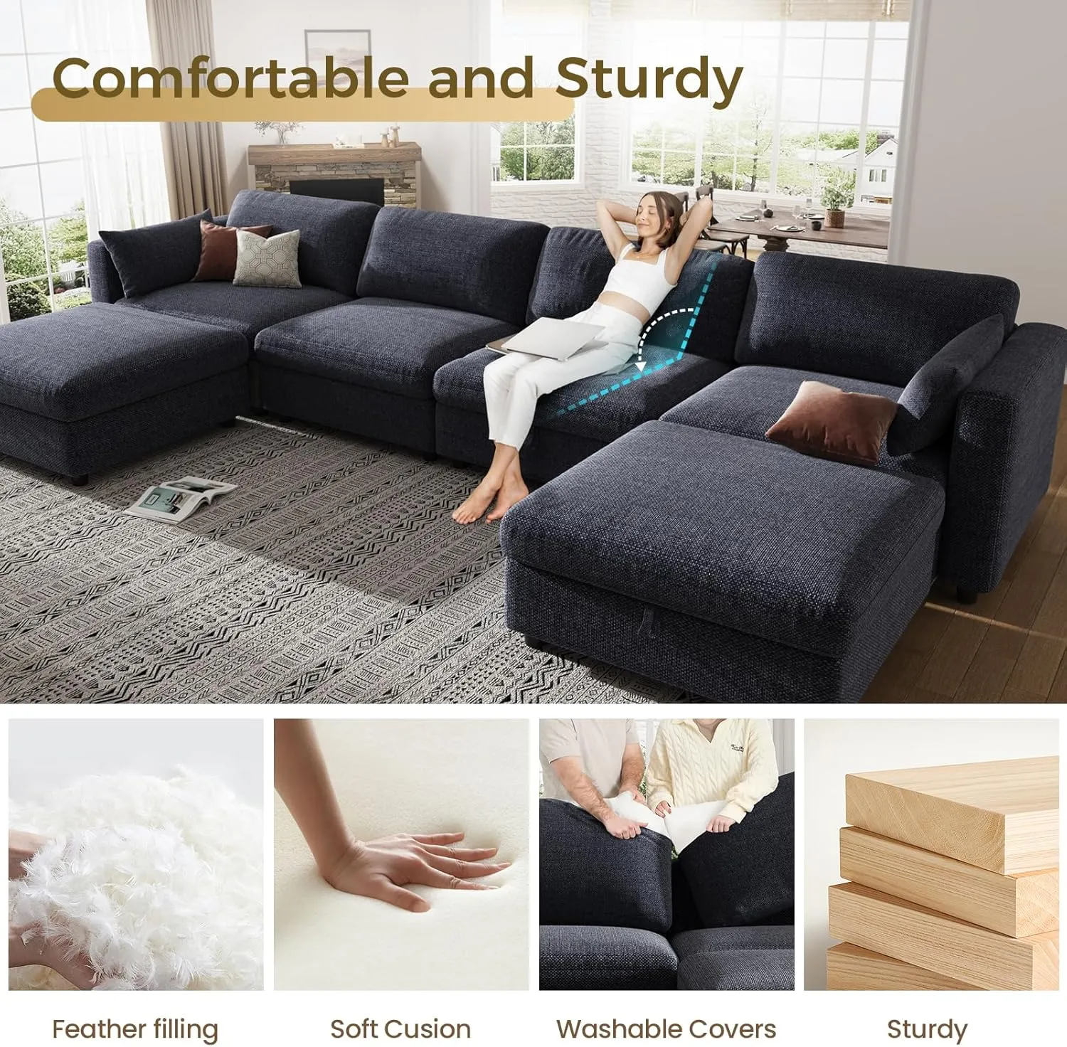 KKL Modular Sectional Sofa Couches for Living Room, U Shaped Sofa Couch with Adjustable Backrest, 4 Seater Sofa Couch with Convertible Ottoman and Comfy Cushion, Chenille, Blue