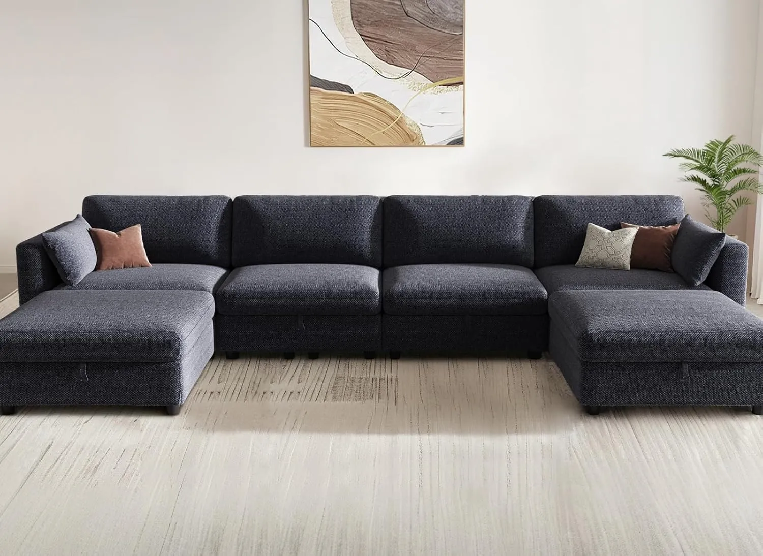 KKL Modular Sectional Sofa Couches for Living Room, U Shaped Sofa Couch with Adjustable Backrest, 4 Seater Sofa Couch with Convertible Ottoman and Comfy Cushion, Chenille, Blue