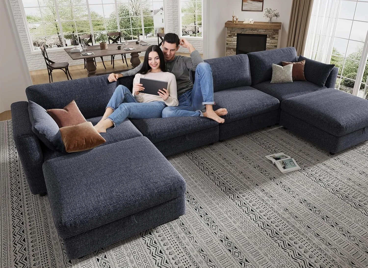 KKL Modular Sectional Sofa Couches for Living Room, U Shaped Sofa Couch with Adjustable Backrest, 4 Seater Sofa Couch with Convertible Ottoman and Comfy Cushion, Chenille, Blue