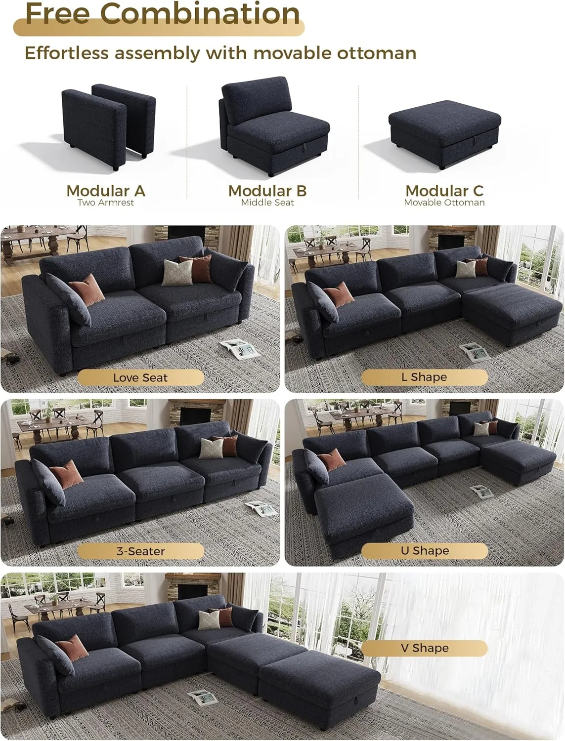 KKL Modular Sectional Sofa Couches for Living Room, U Shaped Sofa Couch with Adjustable Backrest, 4 Seater Sofa Couch with Convertible Ottoman and Comfy Cushion, Chenille, Blue