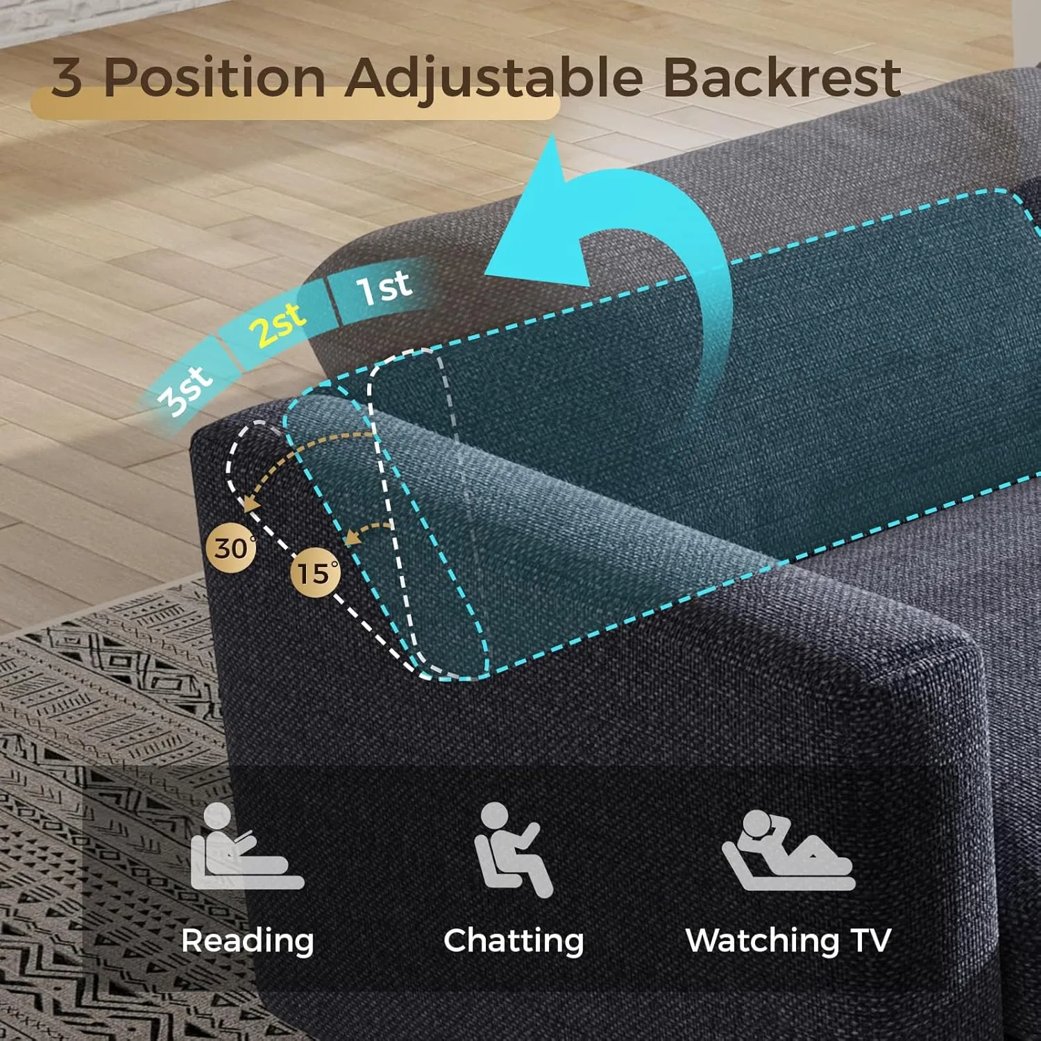 KKL Modular Sectional Sofa Couches for Living Room, U Shaped Sofa Couch with Adjustable Backrest, 4 Seater Sofa Couch with Convertible Ottoman and Comfy Cushion, Chenille, Blue