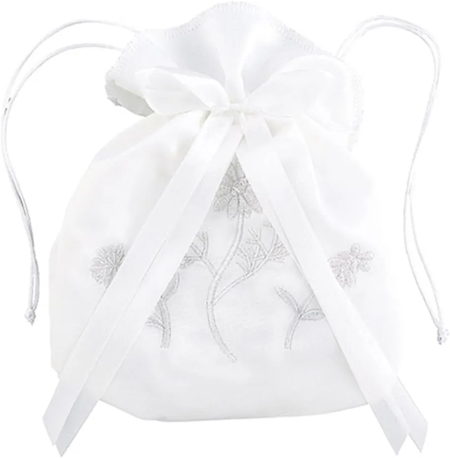 KOKSII Sacred Traditions White Satin First Communion Drawstring Purse with Embroidered Flowers and Bow, 7 Inch