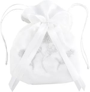 KOKSII Sacred Traditions White Satin First Communion Drawstring Purse with Embroidered Flowers and Bow, 7 Inch