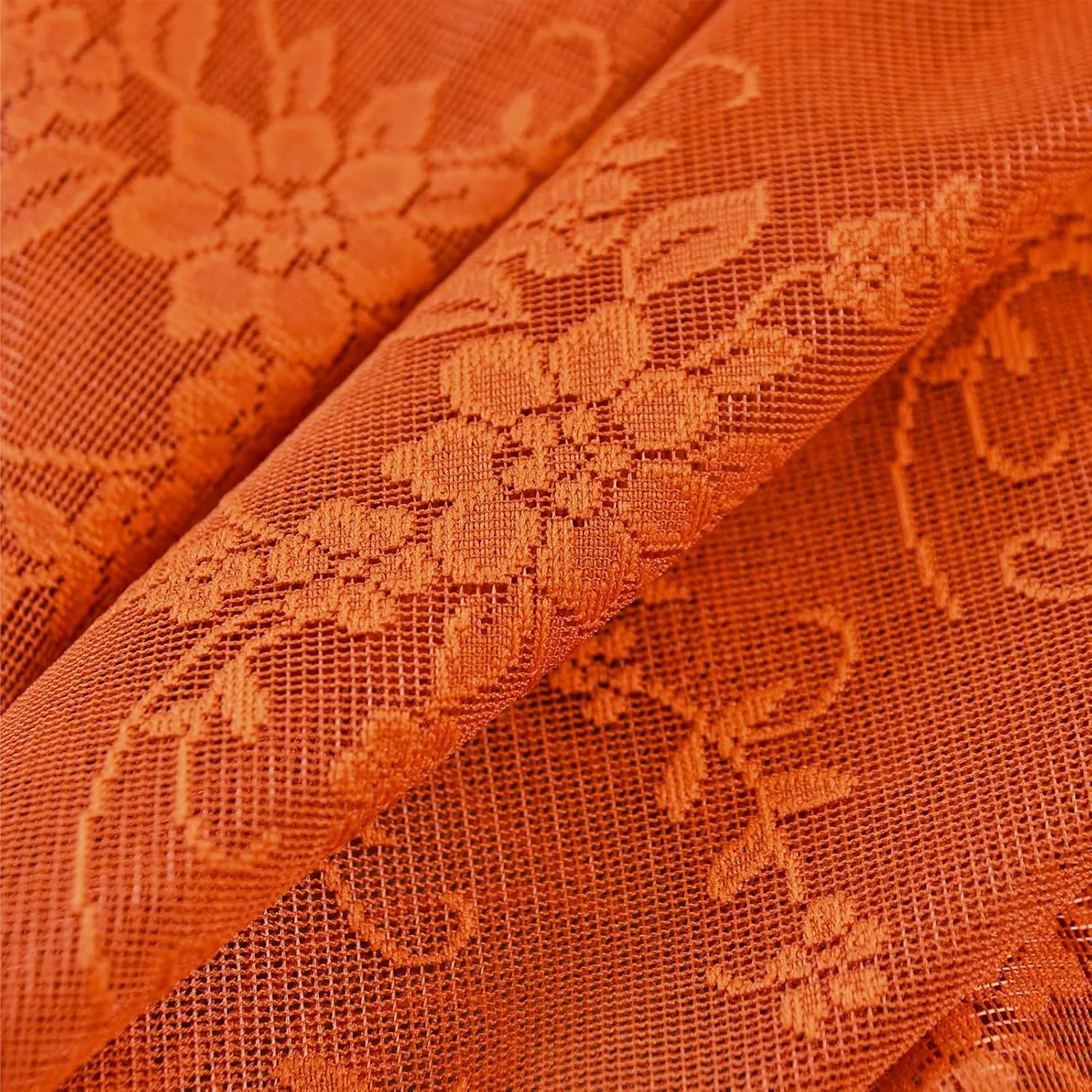Kotile Burnt Orange Lace Curtains 84 Inches Long for Living Room, Rustic Vine Floral Knitted Fall Sheer Curtains, Rod Pocket Privacy Sheer Lace Curtains, 52 x 84 Inch, 2 Panels, Burnt Orange