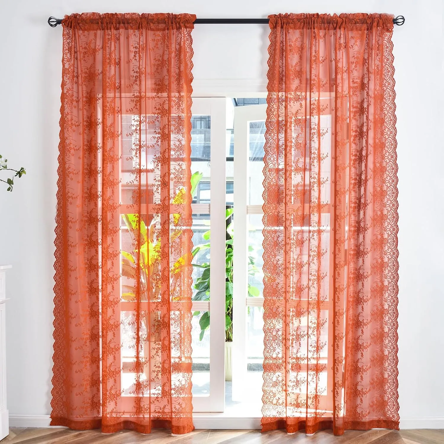 Kotile Burnt Orange Lace Curtains 84 Inches Long for Living Room, Rustic Vine Floral Knitted Fall Sheer Curtains, Rod Pocket Privacy Sheer Lace Curtains, 52 x 84 Inch, 2 Panels, Burnt Orange