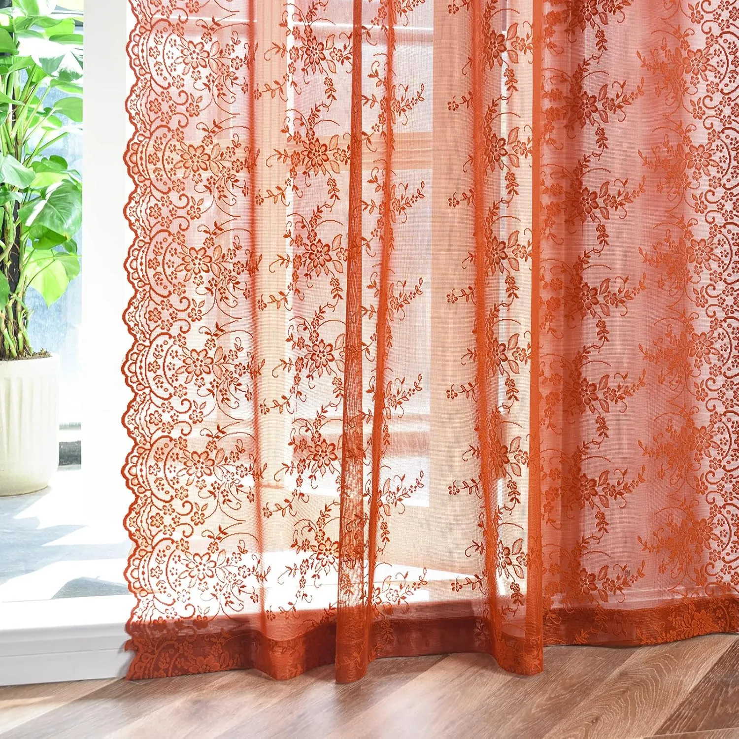 Kotile Burnt Orange Lace Curtains 84 Inches Long for Living Room, Rustic Vine Floral Knitted Fall Sheer Curtains, Rod Pocket Privacy Sheer Lace Curtains, 52 x 84 Inch, 2 Panels, Burnt Orange