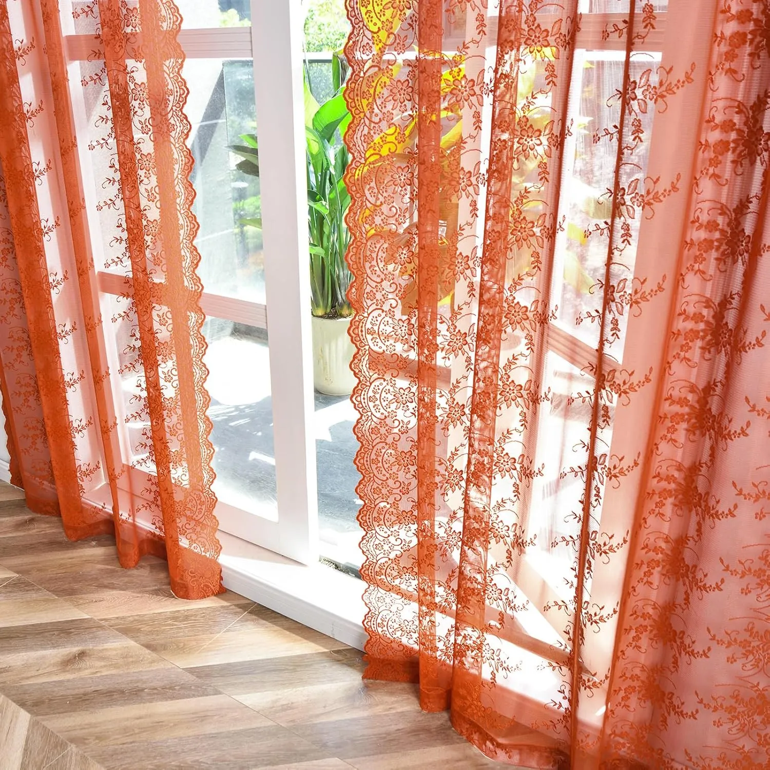 Kotile Burnt Orange Lace Curtains 84 Inches Long for Living Room, Rustic Vine Floral Knitted Fall Sheer Curtains, Rod Pocket Privacy Sheer Lace Curtains, 52 x 84 Inch, 2 Panels, Burnt Orange