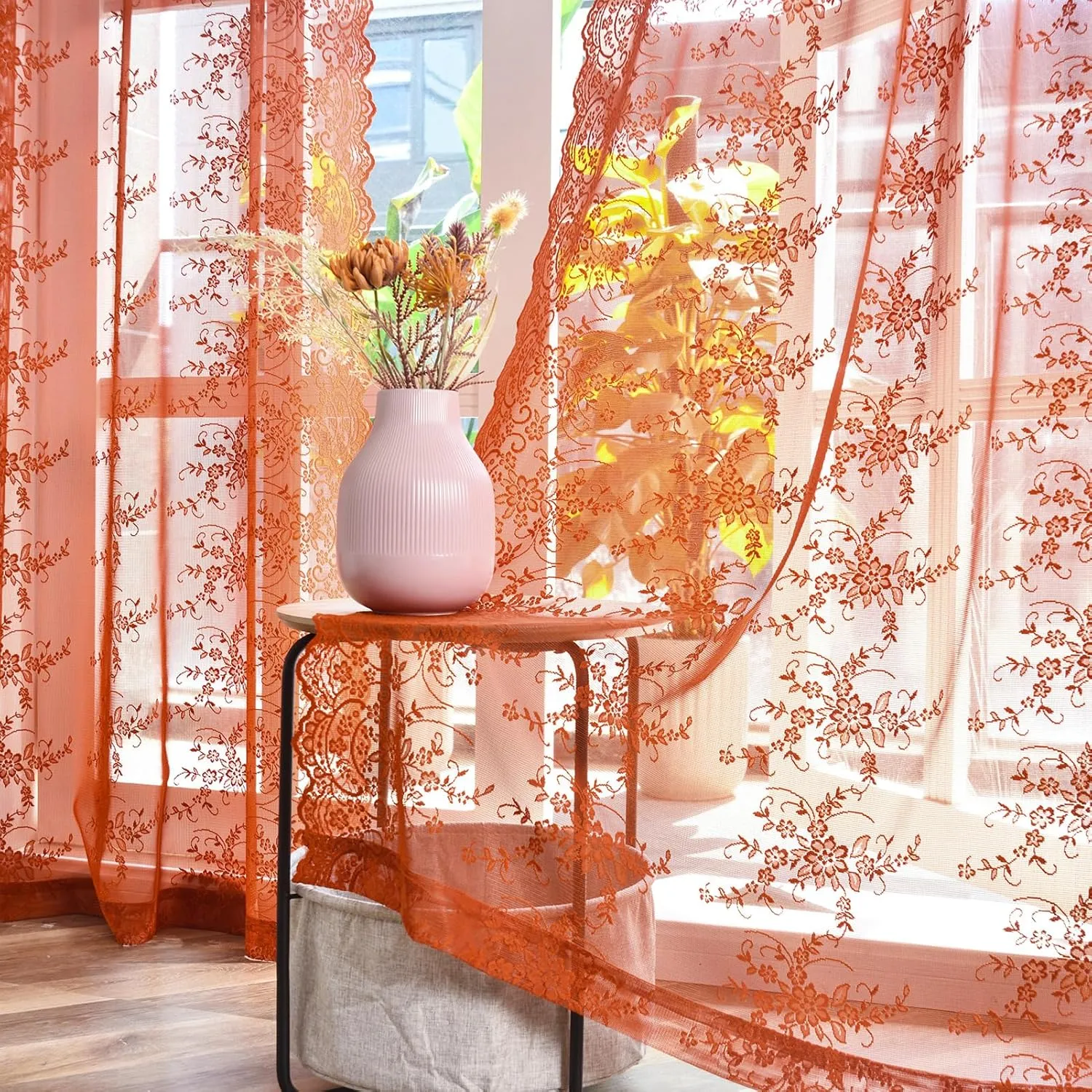 Kotile Burnt Orange Lace Curtains 84 Inches Long for Living Room, Rustic Vine Floral Knitted Fall Sheer Curtains, Rod Pocket Privacy Sheer Lace Curtains, 52 x 84 Inch, 2 Panels, Burnt Orange