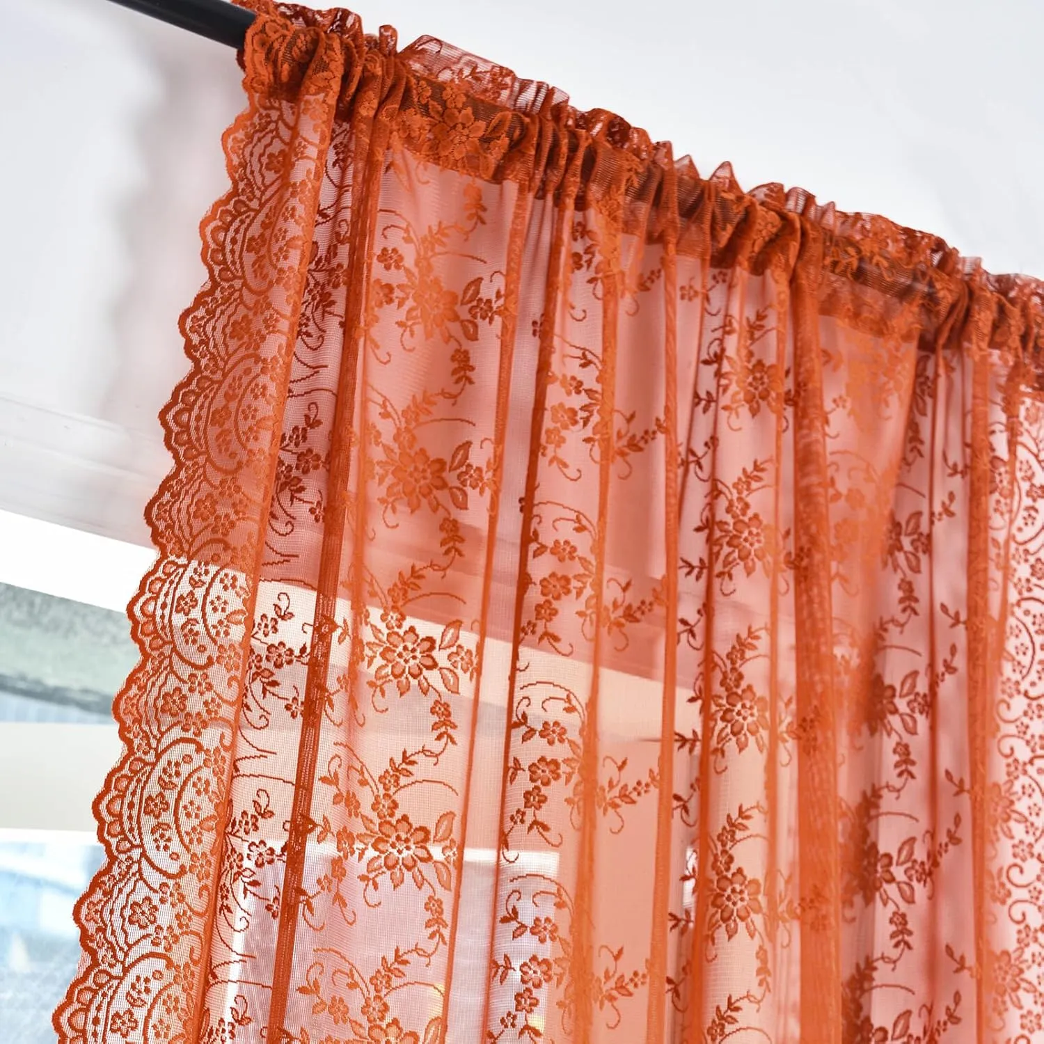 Kotile Burnt Orange Lace Curtains 84 Inches Long for Living Room, Rustic Vine Floral Knitted Fall Sheer Curtains, Rod Pocket Privacy Sheer Lace Curtains, 52 x 84 Inch, 2 Panels, Burnt Orange