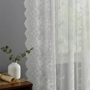 Kotile Lace Curtains 80 Inches Long 2 Panels Set Rustic Vine Floral Scalloped Farmhouse Vintage Lace Curtains for Bedroom Living Room, Rod Pocket Privacy Sheer Window Lacy Curtains, 52x80 Inch, Ivory