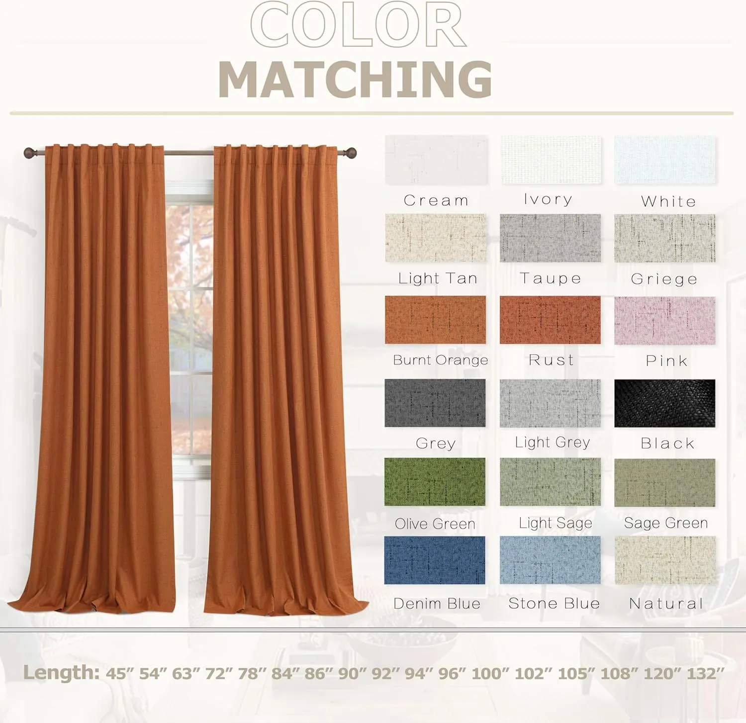 KOUFALL 96 Inch Curtains 2 Panel Set,Burnt Orange Linen Textured Pleated Blackout Living Room Black Out Curtain Drapes 96 Inches Long 2 Panels