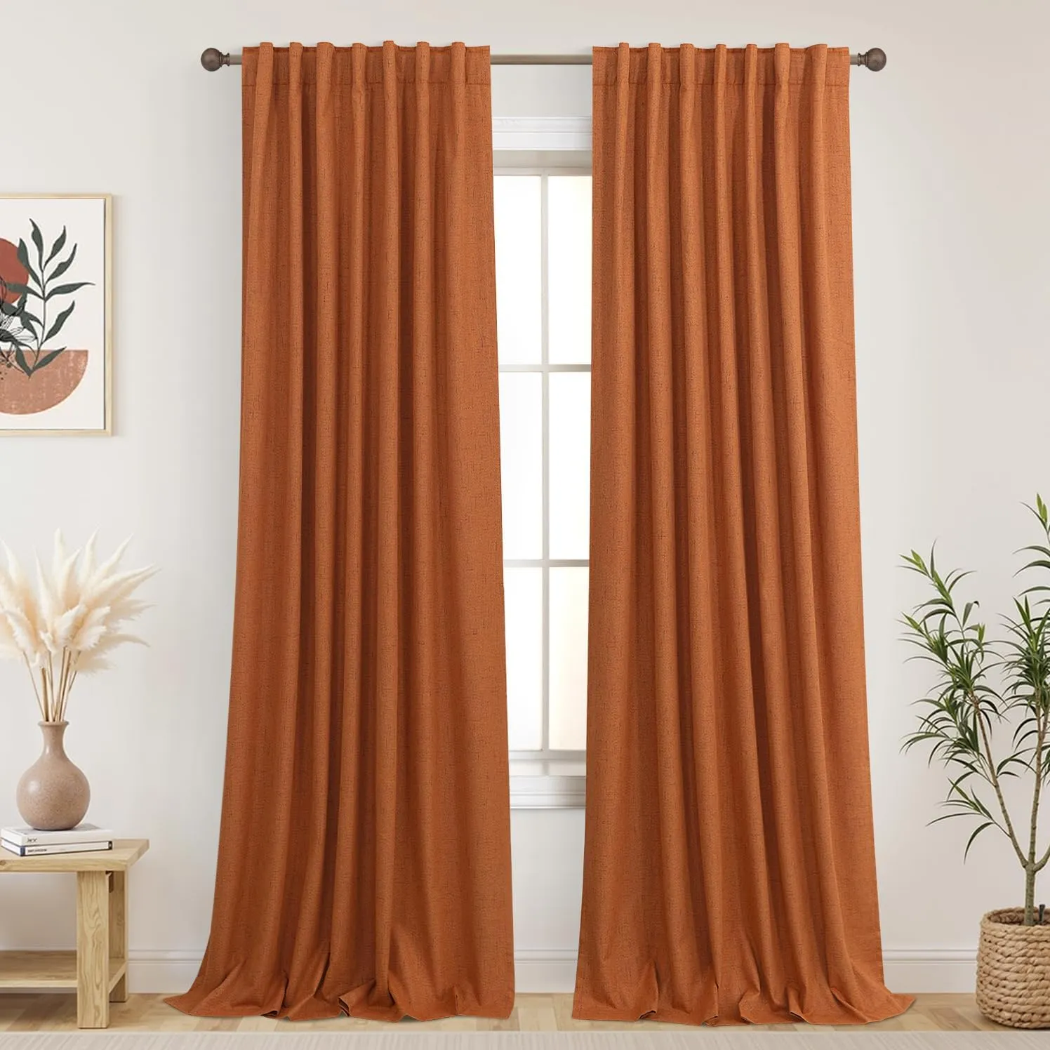 KOUFALL 96 Inch Curtains 2 Panel Set,Burnt Orange Linen Textured Pleated Blackout Living Room Black Out Curtain Drapes 96 Inches Long 2 Panels