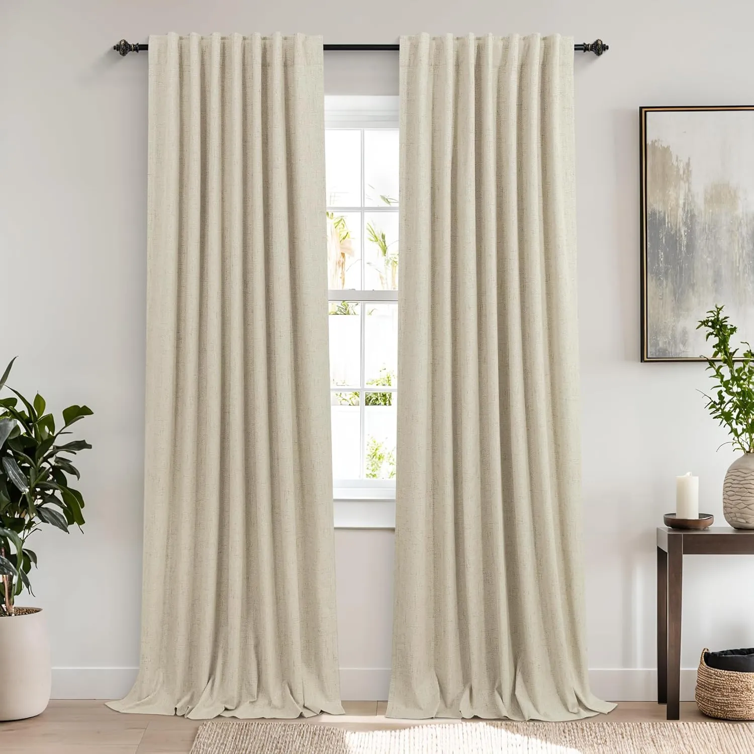 KOUFALL Beige Curtains 84 Inch Length 2 Panels Set for Bedroom,Blackout Linen Textured Back Tab Pleated Black Out Curtains 84 Inch Long for Living Room,Tan