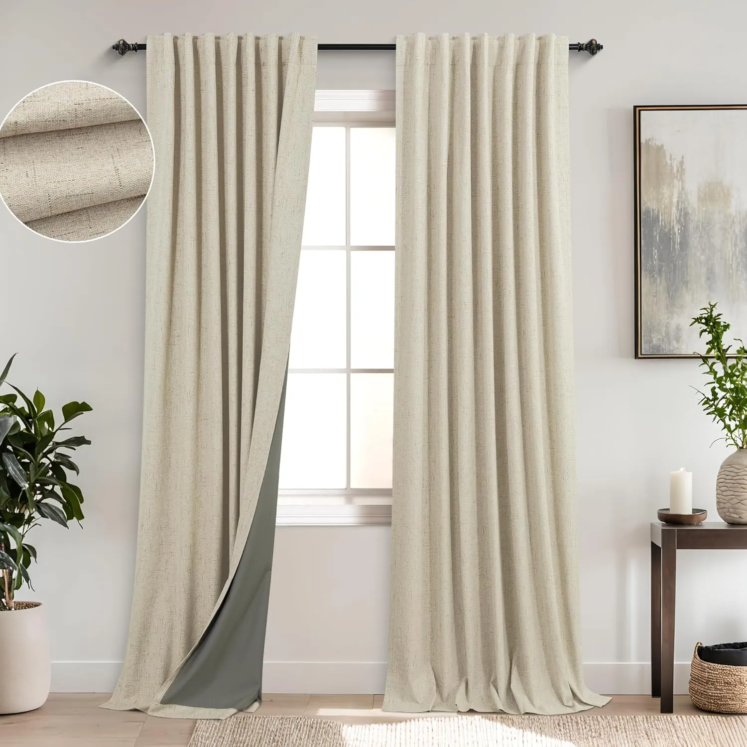KOUFALL Beige Curtains 84 Inch Length 2 Panels Set for Bedroom,Blackout Linen Textured Back Tab Pleated Black Out Curtains 84 Inch Long for Living Room,Tan