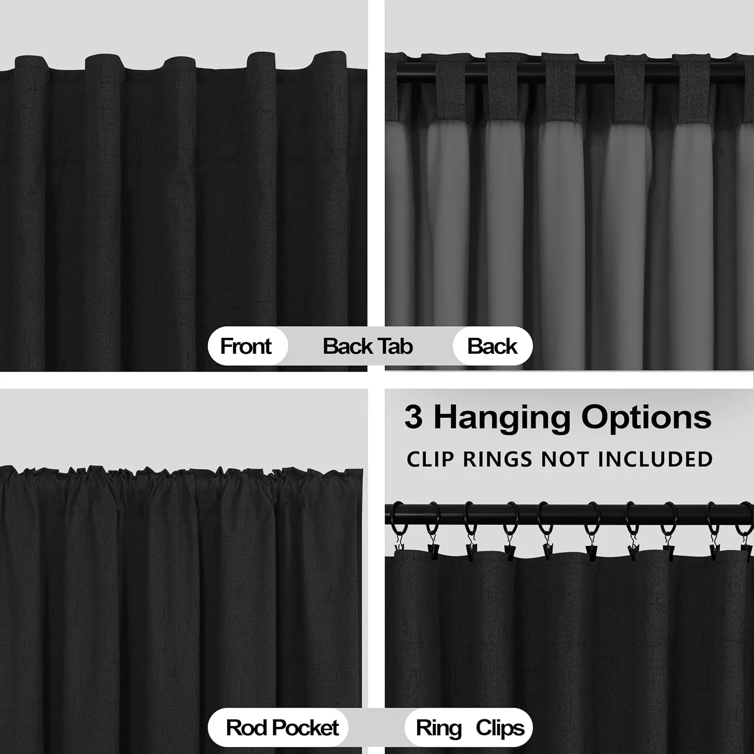 KOUFALL Black Linen Blackout Curtains 96 Inches Long for Living Room Bedroom,Back Tab Pleated Window Curtain Panels Set of 2