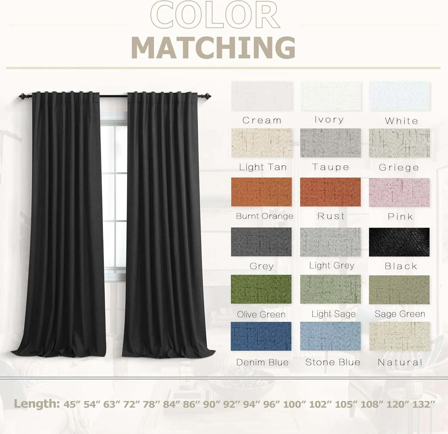 KOUFALL Black Linen Blackout Curtains 96 Inches Long for Living Room Bedroom,Back Tab Pleated Window Curtain Panels Set of 2