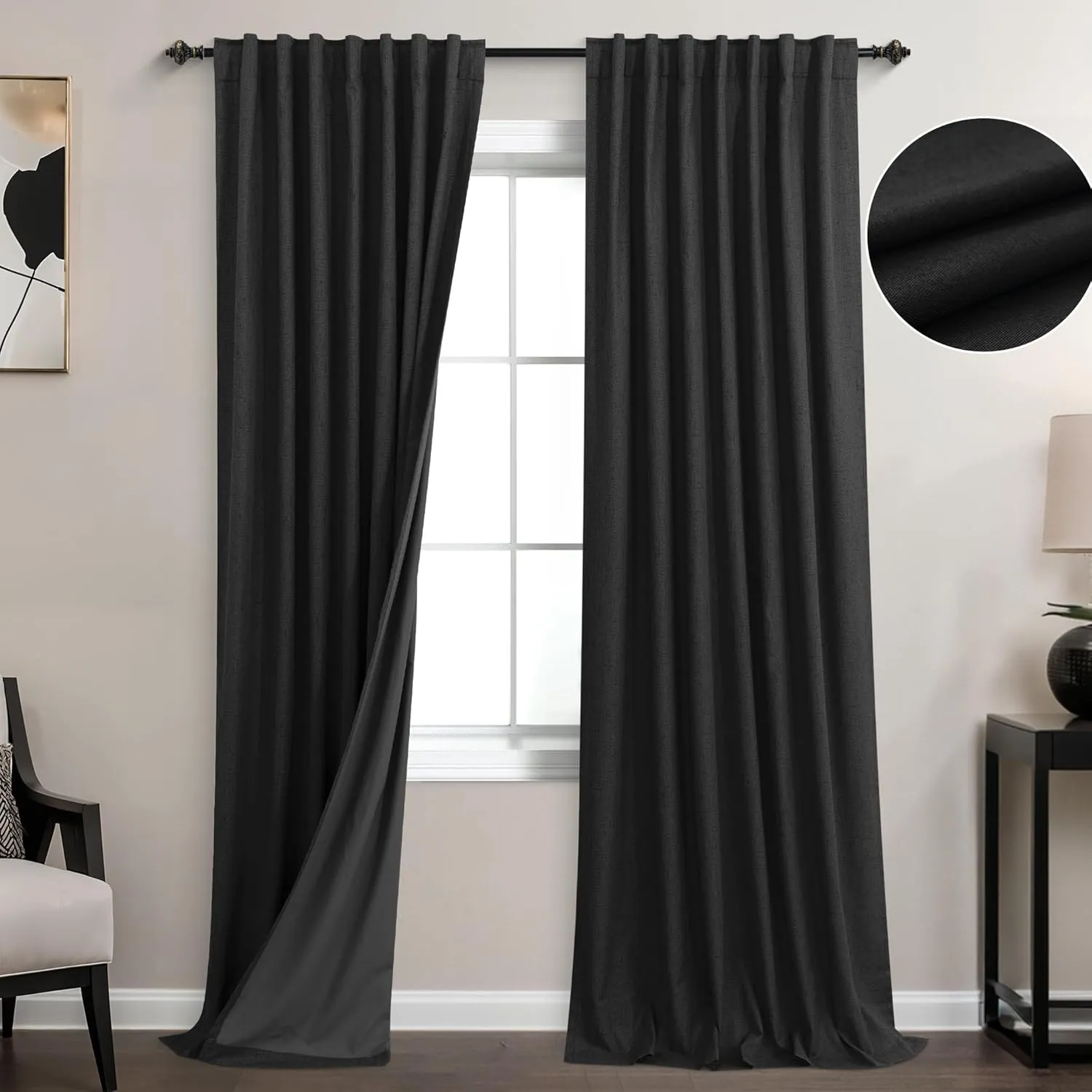 KOUFALL Black Linen Blackout Curtains 96 Inches Long for Living Room Bedroom,Back Tab Pleated Window Curtain Panels Set of 2