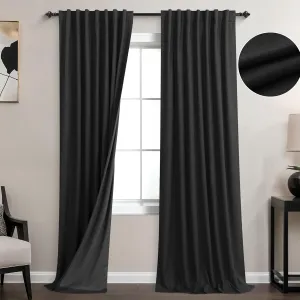 KOUFALL Black Linen Blackout Curtains 96 Inches Long for Living Room Bedroom,Back Tab Pleated Window Curtain Panels Set of 2