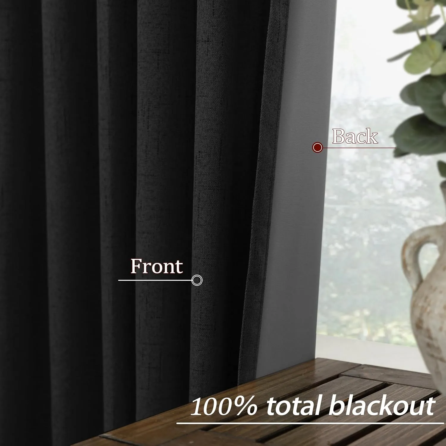 KOUFALL Black Linen Blackout Curtains 96 Inches Long for Living Room Bedroom,Back Tab Pleated Window Curtain Panels Set of 2