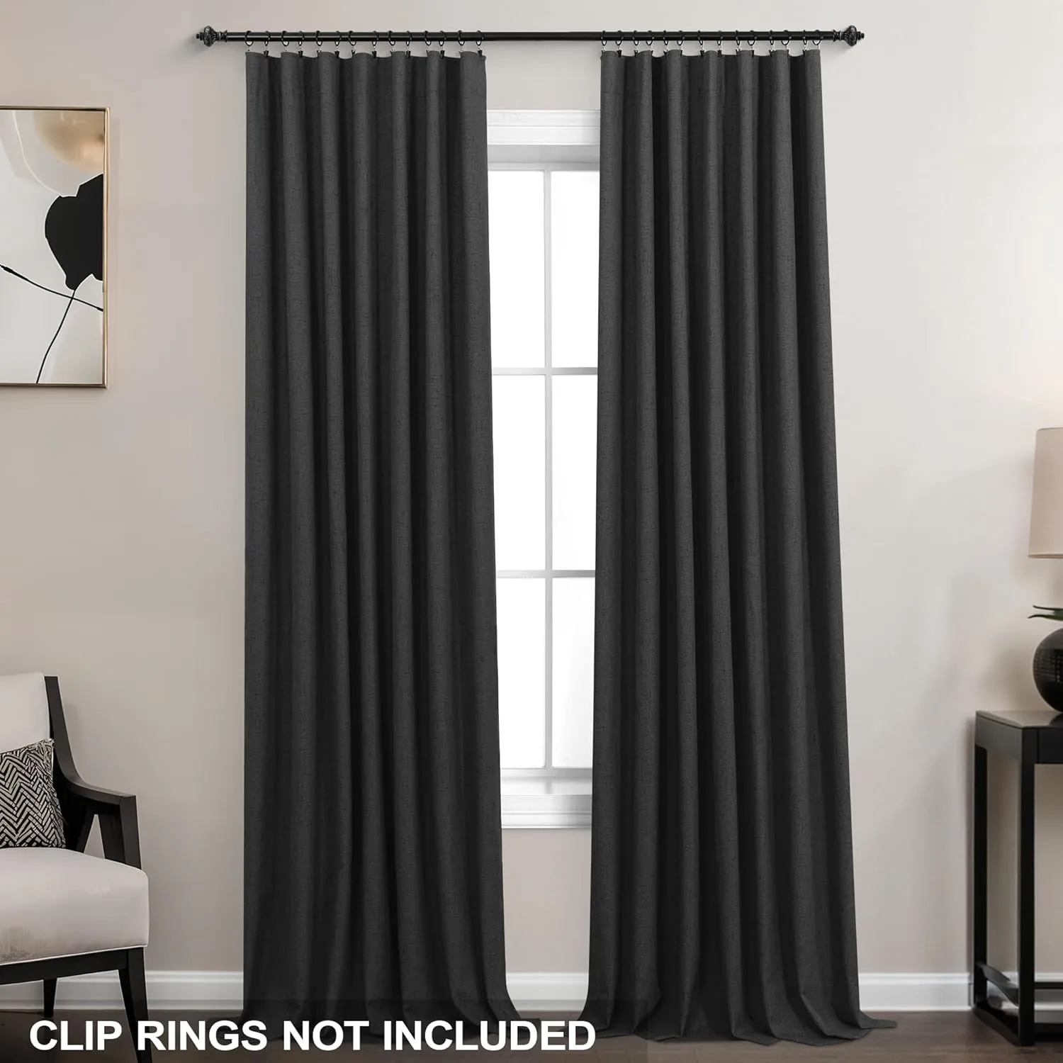 KOUFALL Black Linen Blackout Curtains 96 Inches Long for Living Room Bedroom,Back Tab Pleated Window Curtain Panels Set of 2