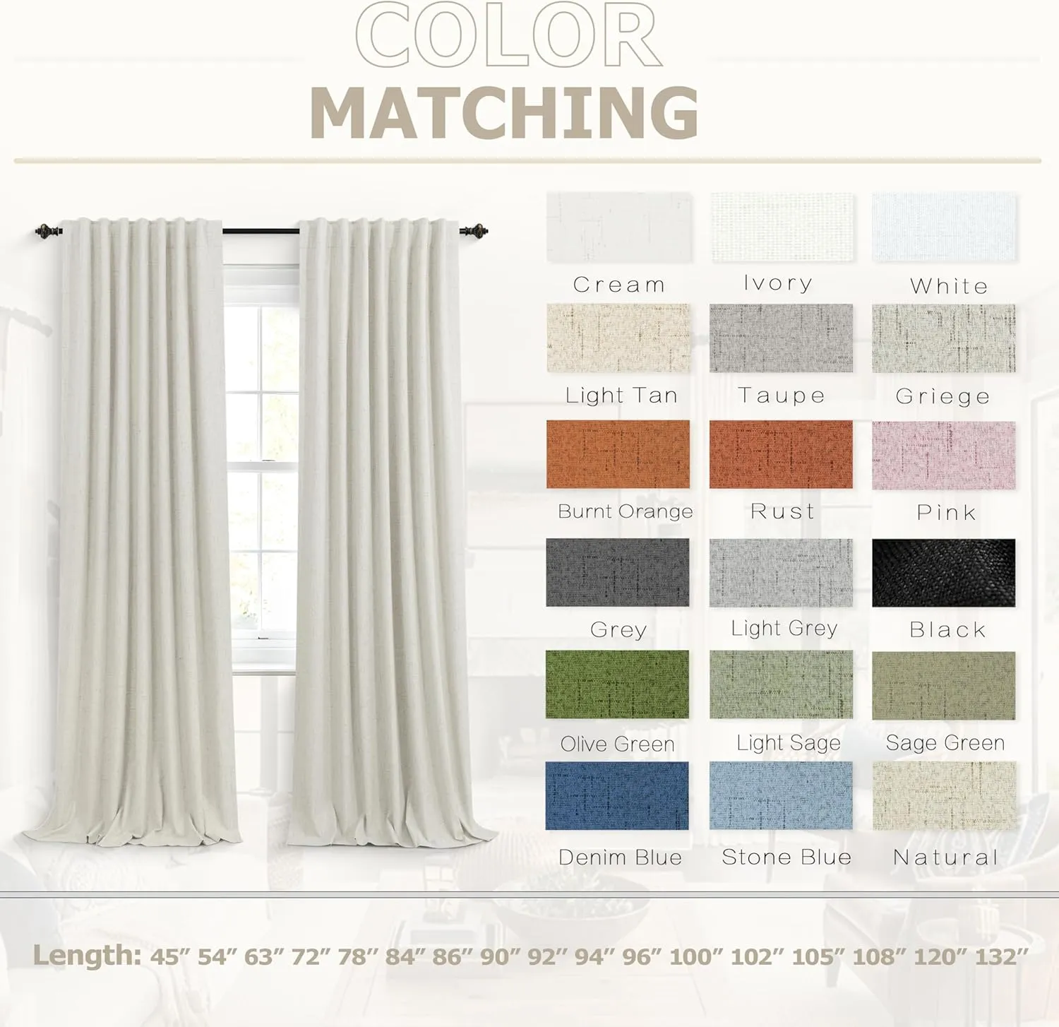 KOUFALL Black Out Curtains 96 Inch Long,Cream Linen Textured Blackout Drapes for Living Room 96 Inch Length 2 Panel Set
