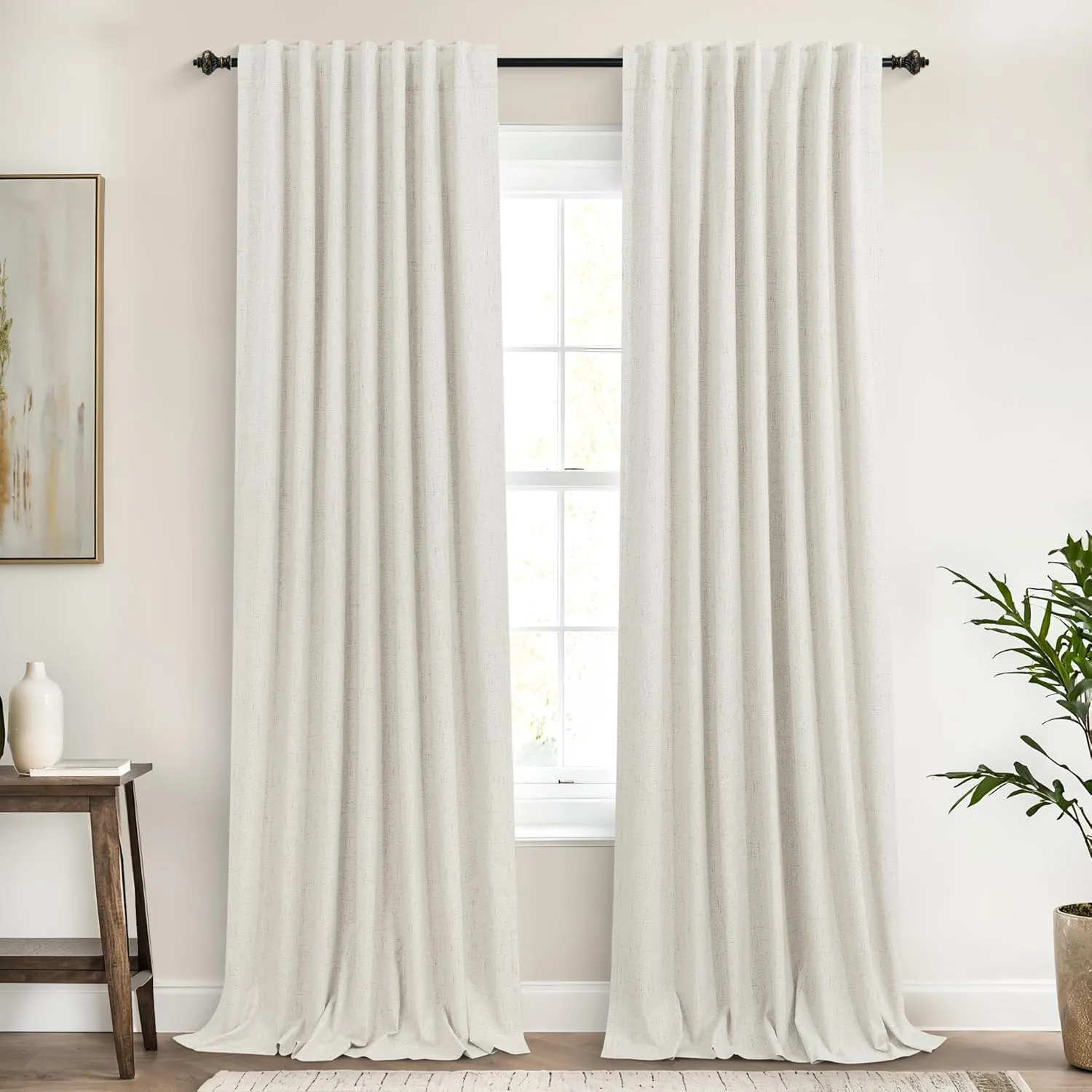 KOUFALL Black Out Curtains 96 Inch Long,Cream Linen Textured Blackout Drapes for Living Room 96 Inch Length 2 Panel Set