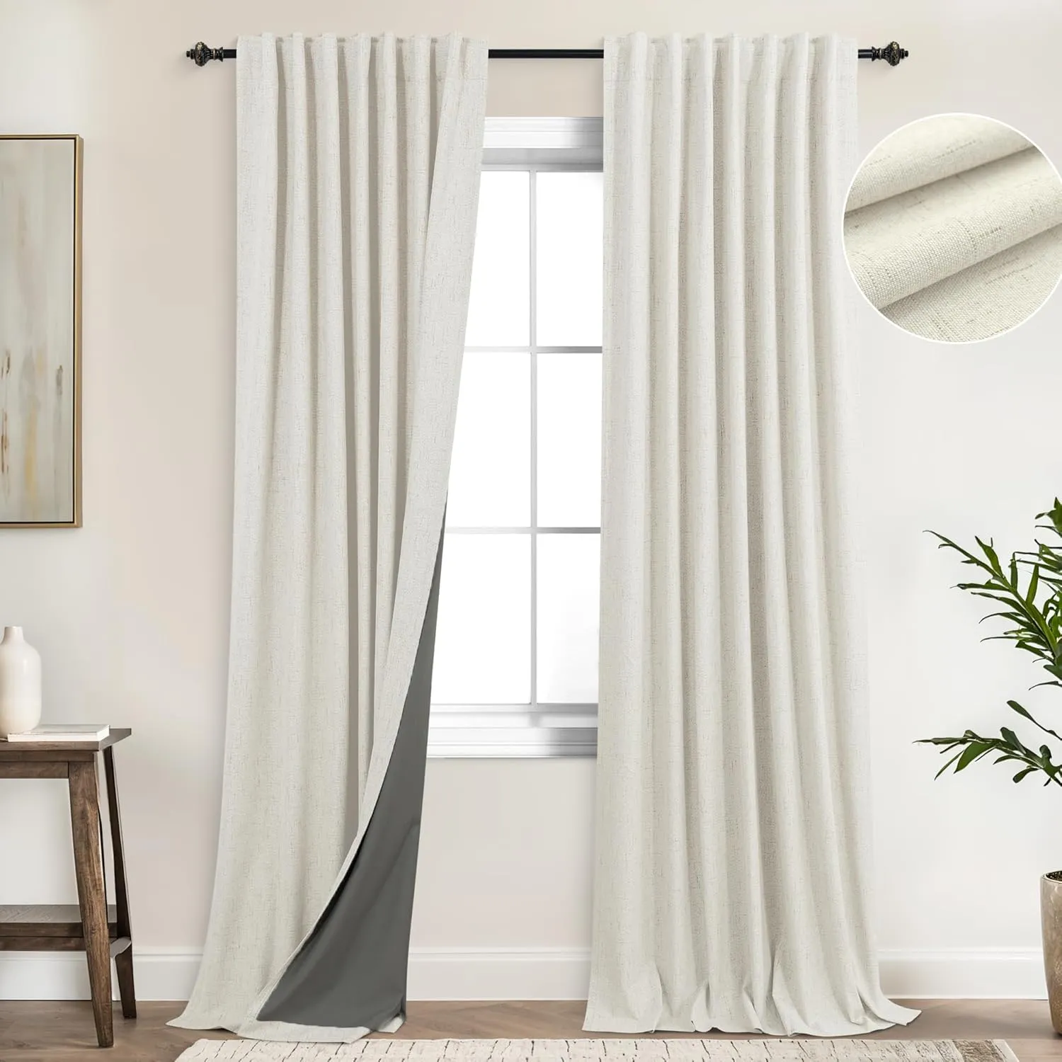 KOUFALL Black Out Curtains 96 Inch Long,Cream Linen Textured Blackout Drapes for Living Room 96 Inch Length 2 Panel Set