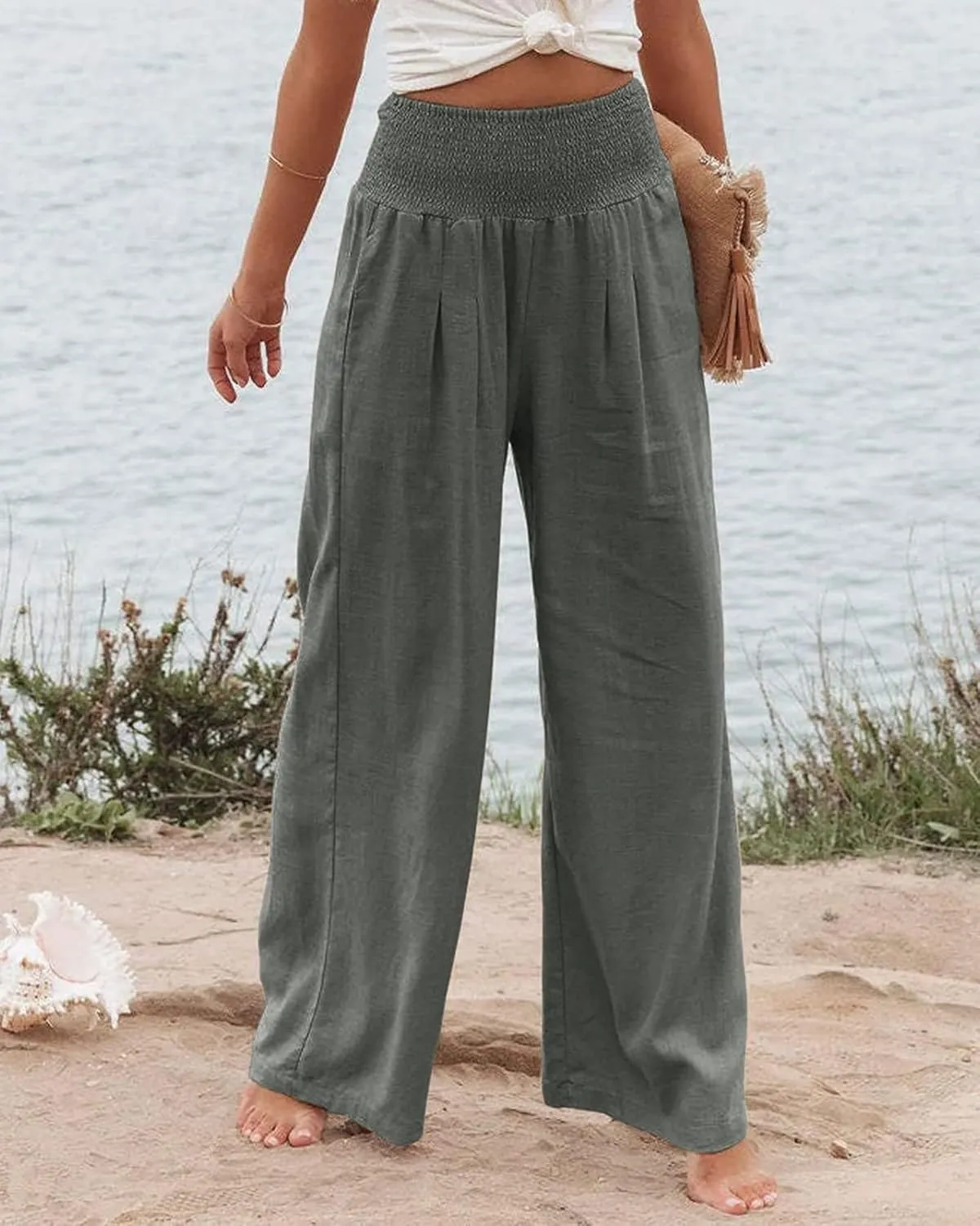 Kubbon Cotton Linen Pants for Women Wide Leg High Waist Pants Casual Stretchy Palazzo Trousers with Pockets Summer Clothes