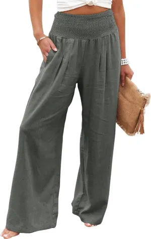 Kubbon Cotton Linen Pants for Women Wide Leg High Waist Pants Casual Stretchy Palazzo Trousers with Pockets Summer Clothes
