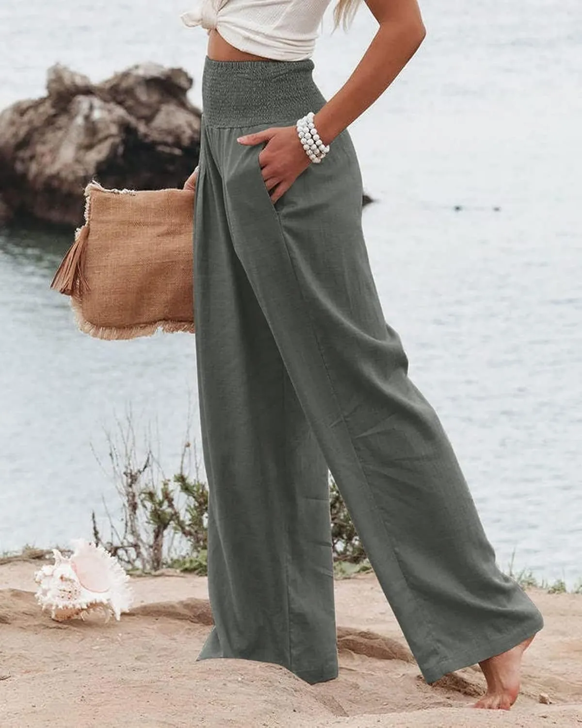 Kubbon Cotton Linen Pants for Women Wide Leg High Waist Pants Casual Stretchy Palazzo Trousers with Pockets Summer Clothes