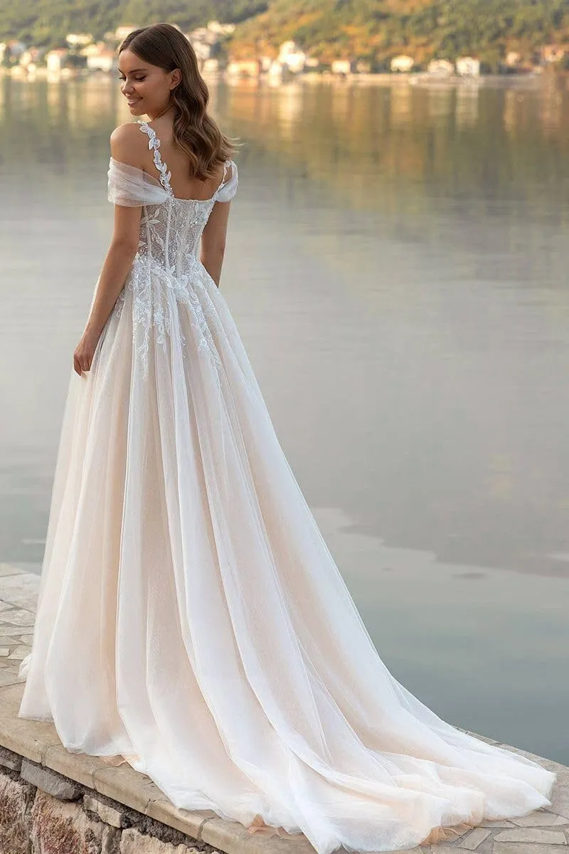 Lace Applique Boho Wedding Dresses for Bride 2025 A Line Long Tulle Beach Bridal Dress Wedding Gown for Women