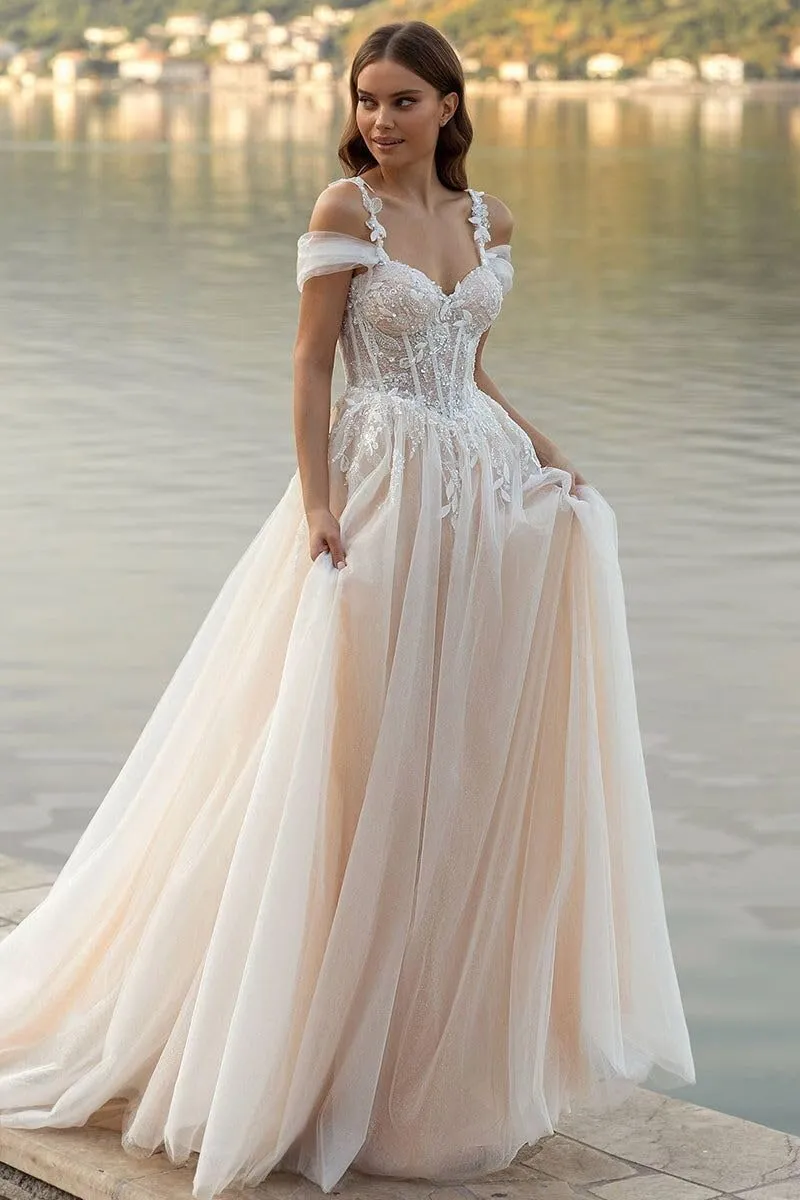 Lace Applique Boho Wedding Dresses for Bride 2025 A Line Long Tulle Beach Bridal Dress Wedding Gown for Women