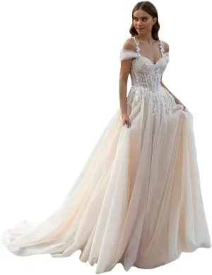 Lace Applique Boho Wedding Dresses for Bride 2025 A Line Long Tulle Beach Bridal Dress Wedding Gown for Women