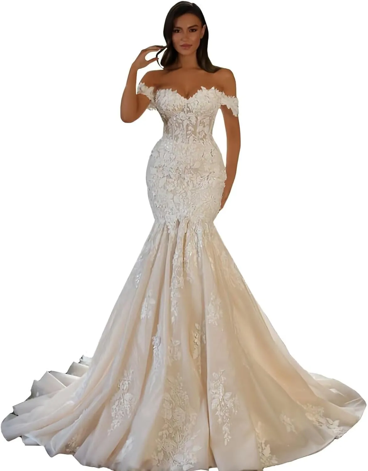 Lace Appliques Wedding Dress with Long Trian 2025 Off The Shoulder Tulle Bridal Gown
