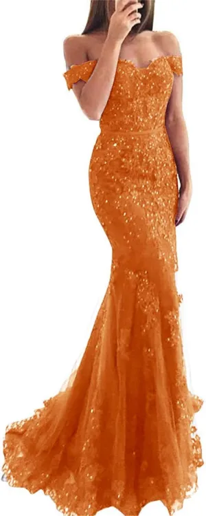 Lace Beaded Tulle Long Evening Dress Off Shoulder Mermaid Formal Party Gown