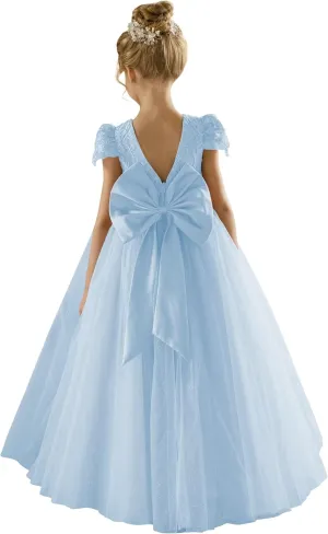 Lace Flower Girl Dresses Short Sleeve First Communion Dress Toddlers Pretty Tulle Pageant Wedding Party Gown