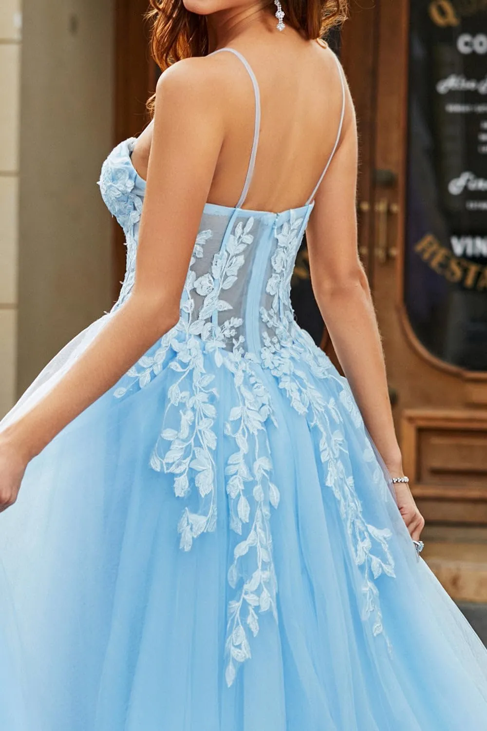 Lace Tulle Prom Dresses Long Spaghetti Straps Corset Backless Sky Blue Formal Gowns and Evening Dresses
