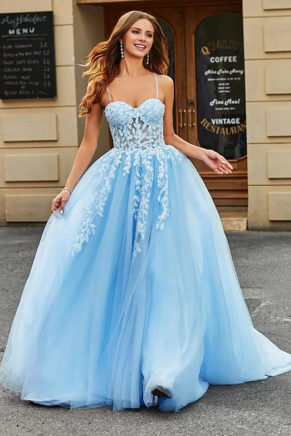 Lace Tulle Prom Dresses Long Spaghetti Straps Corset Backless Sky Blue Formal Gowns and Evening Dresses