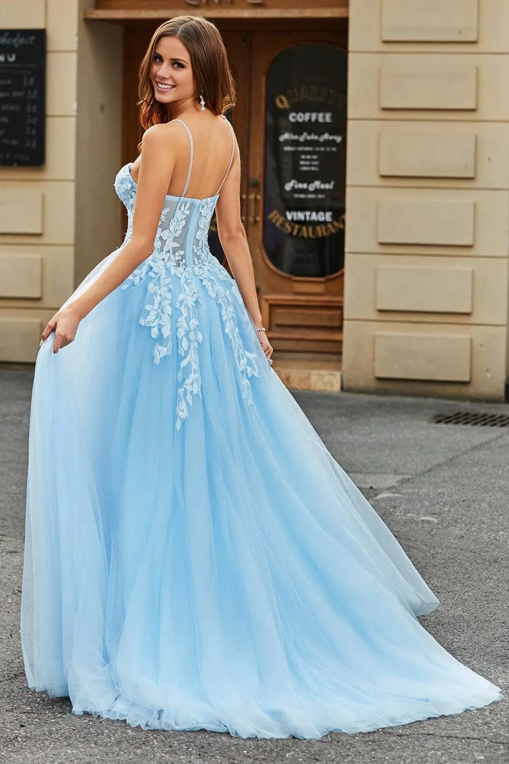 Lace Tulle Prom Dresses Long Spaghetti Straps Corset Backless Sky Blue Formal Gowns and Evening Dresses