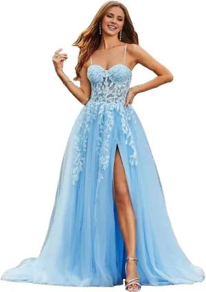 Lace Tulle Prom Dresses Long Spaghetti Straps Corset Backless Sky Blue Formal Gowns and Evening Dresses